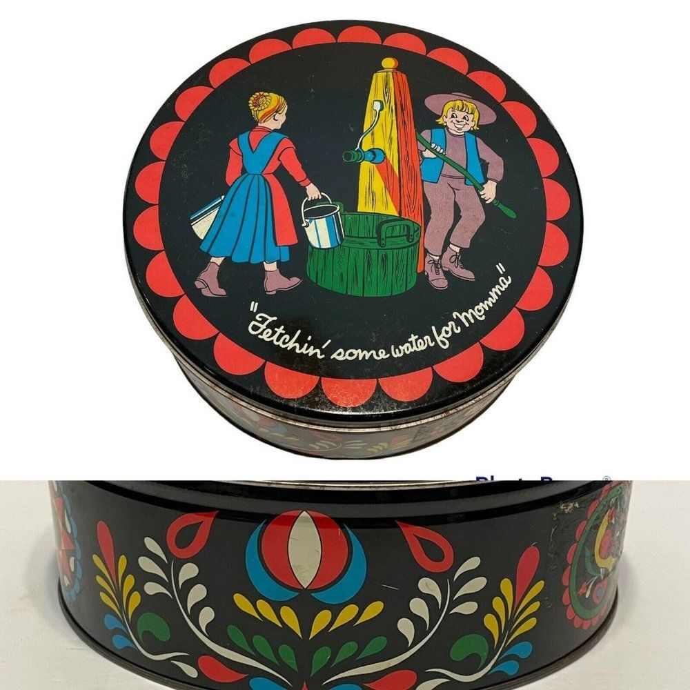 Vtg FOLK ART  DUTCH Metal TIN CAN Well Fetchin WATER LARGE BLACK Floral MCM 70s